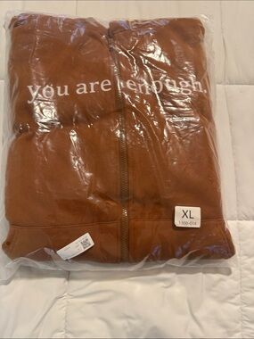 Rust Brown Full-Zip Hoodie Jacket with "you are enough" Print - XL